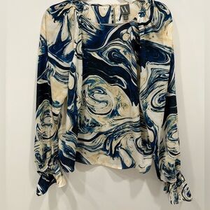 Worthington Womens Size M Blue Fairy Marble Peasant Blouse Flowy Whimsical Artsy